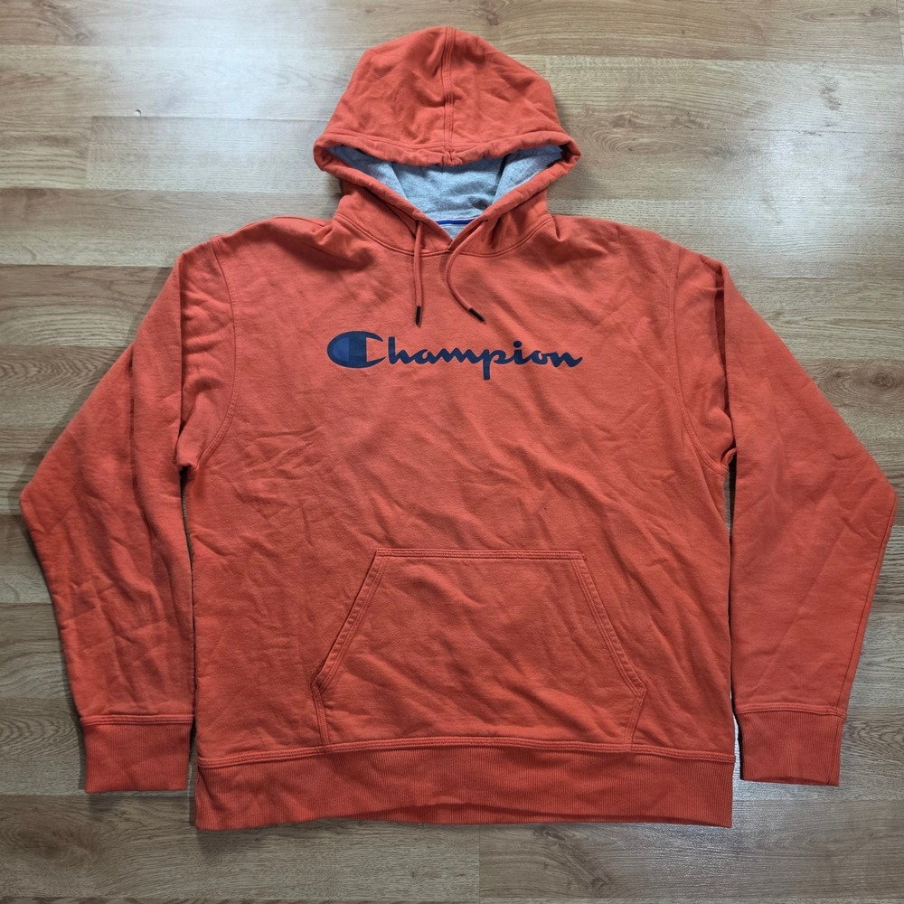 Champion Hoodie Mens XL‎ Orange Script Logo Fleece Pullover GF89H AFWI Spellout